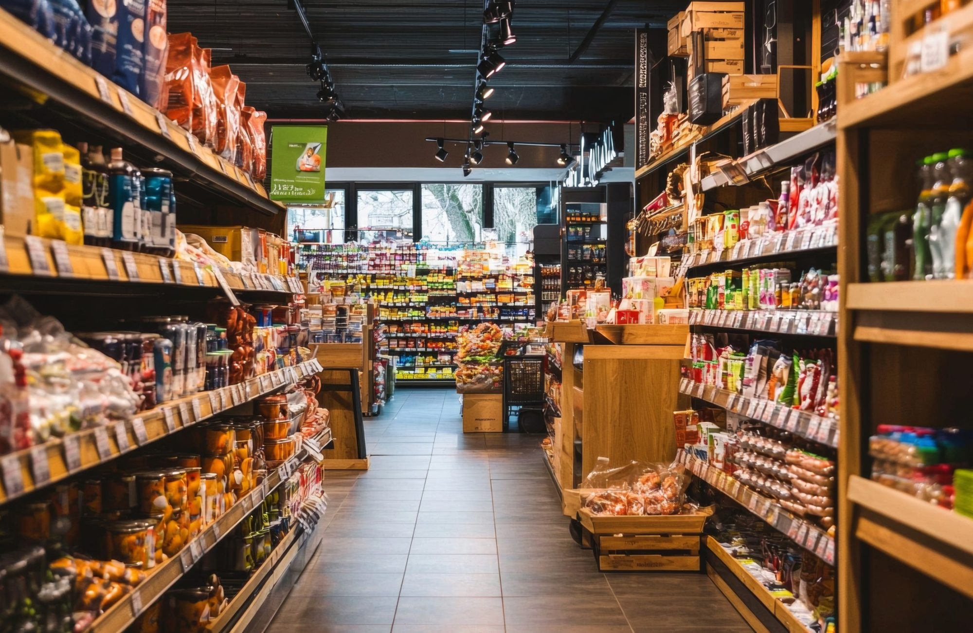 A wide-angle view of a grocery store aisle filled with diverse products, showcasing a variety of items on neatly organized shelves under bright lighting.